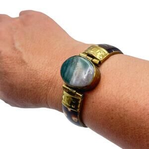 VINTAGE BONE HINGED CUFF BANGLE BRACELET GEMSTONE BRASS ACCENTS - NWOT #6